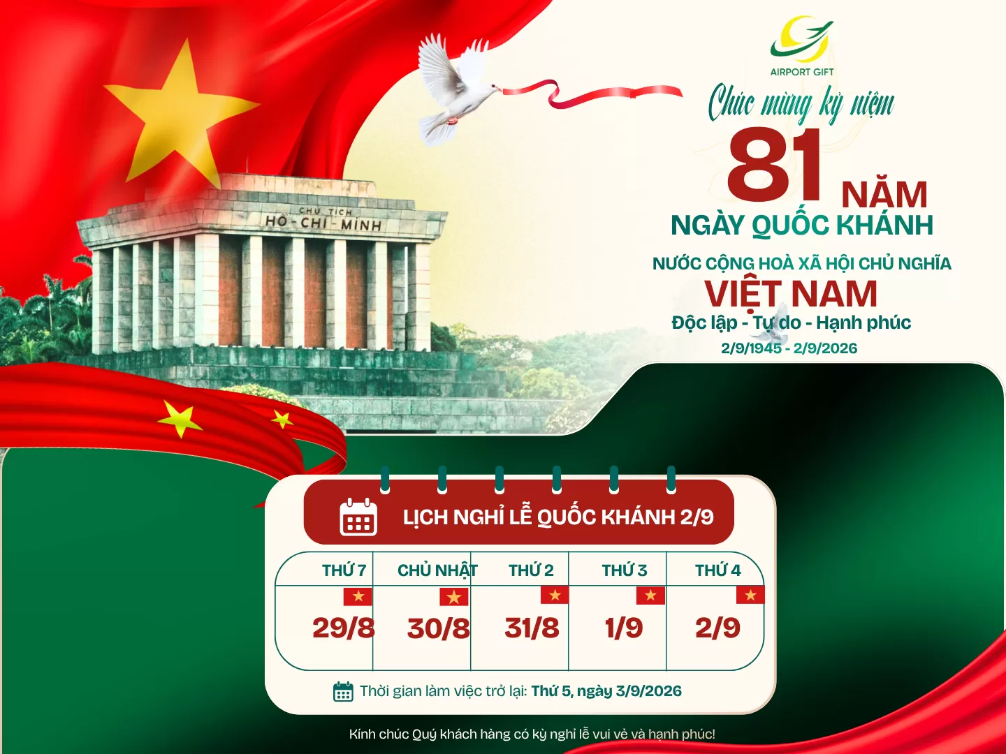 Thông báo: Lịch nghỉ lễ Quốc khánh 02/09/2026