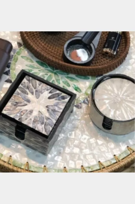 Bộ 6 lót ly + giỏ đựng (khảm trai) tròn